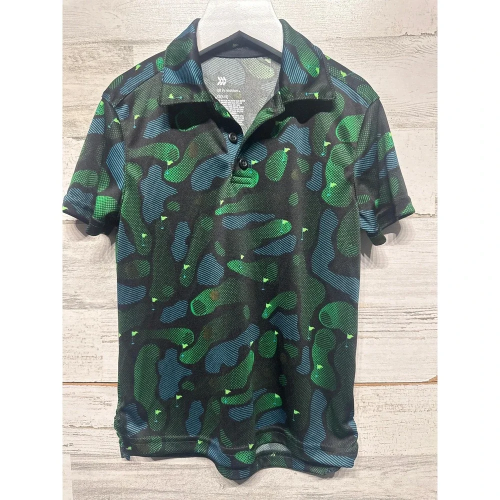 All in Motion Polo Shirt Boys XS 4/5 Green Blue Golf‎ Course Print EUC